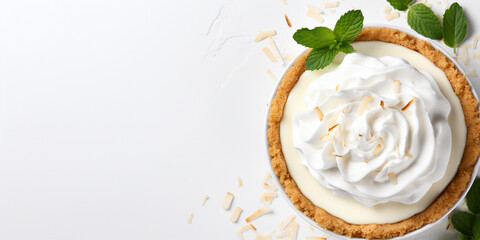 Top view of coconut cream pie garnished with mint leaves on white background with copy space Delicious fresh baked healthy dessert
