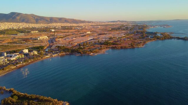 Panorama Of The Mediterranean Coastline In The Athens Riviera. Aerial Drone Shot