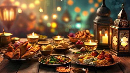 Fototapeta premium Ramadan kareem Iftar party table with assorted festive traditional Arab dishes.