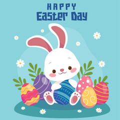 Easter Rabbit Easter Bunny Happy Easter Greeting Poster 
Easter design, hand painted strokes, flowers rabbit and dots, eggs, bunny ears, in pastel colors. cute Minimal design