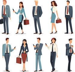 Obraz premium Diverse group of professional men and women standing with smartphones. Business attire, office workers communicating via mobile devices vector illustration.