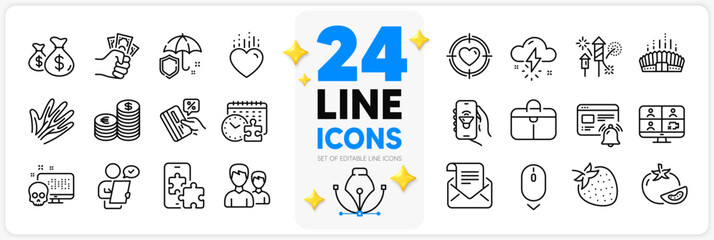 Icons set of Coins bags, Currency and Tomato line icons pack for app with Music app, Video conference, Couple thin outline icon. Fraud, Scroll down, Customer survey pictogram. Vector