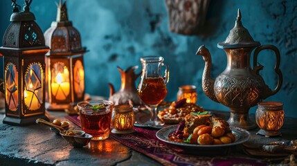Fototapeta na wymiar Ramadan kareem Iftar party table with assorted festive traditional Arab dishes.