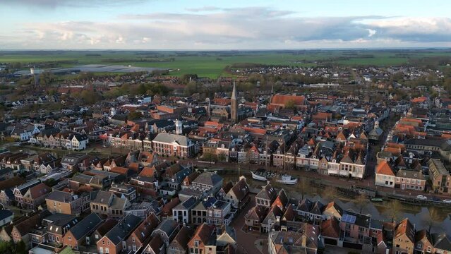Aerial view: city of Dokkum with the church in the center. Friesland, Netherlands.