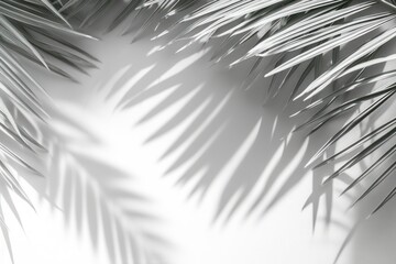 Obraz premium Grey shadow of natural palm leaf abstract background falling on white wall texture for background and wallpaper. Tropical palm leaves foliage shadow overlay effect, foliage mockup and design