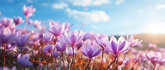 Zelfklevend Fotobehang Natural autumn background with delicate lilac crocus flowers on blue sky banner © Tisha
