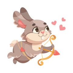 Cute Bunny Cub Fly with Heart Bow and Arrow for Valentine Day Vector Illustration