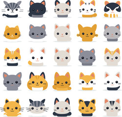 Obraz na płótnie Canvas A collection of cute and various cartoon cat faces is displayed in a vector illustration.