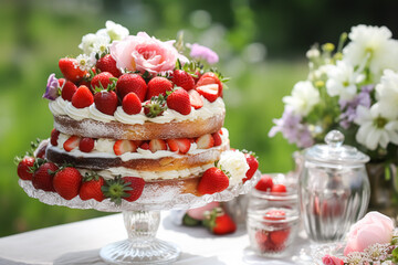 Strawberry cake for wedding, birthday and party celebration, holiday dessert event food catering, country cottage style, generative ai