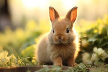 Obraz premium Cute little rabbit on green grass with natural bokeh as background during spring. Young adorable bunny playing in garden. Lovrely pet at park