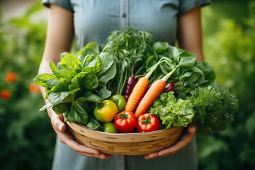 Fototapeta premium Female Farmer's Hands Holding a Basket of Fresh Vegetables