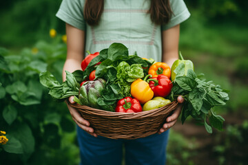 Fototapeta premium Female Farmer's Hands Holding a Basket of Fresh Vegetables