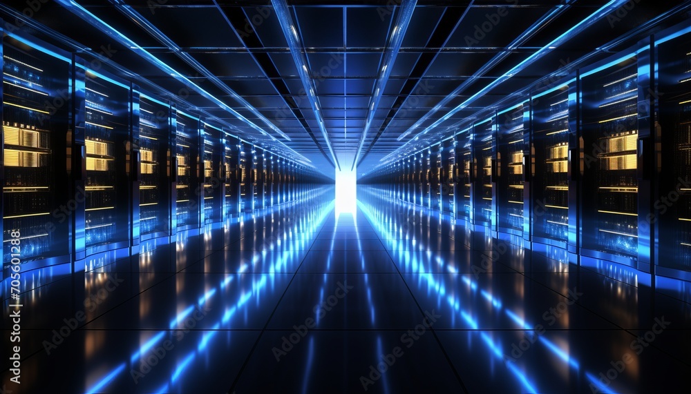Poster modern data center with state of the art server racks emitting mesmerizing soft blue glow