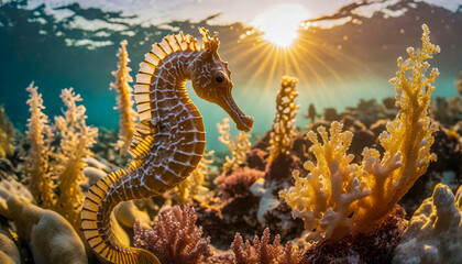 Fototapeta na wymiar seahorse in a tropical coral reef, generative ai