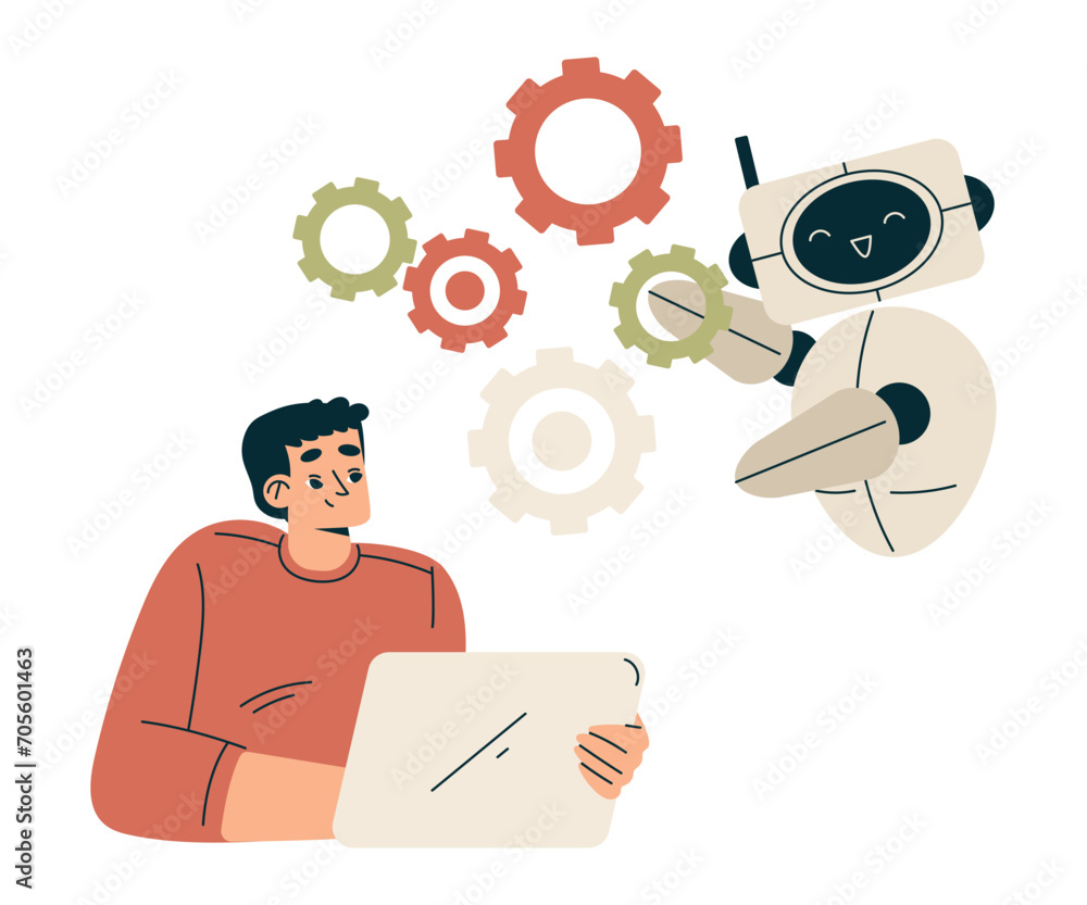 Poster artificial intelligence with man character at tablet with chatbot vector illustration