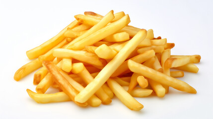 A close-up view of a pile of crispy golden French fries on the white background, showcasing their perfect golden-brown color, indicative of a delightful crunch.