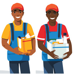 Two smiling men in uniforms holding boxes are depicted in a colorful vector illustration.