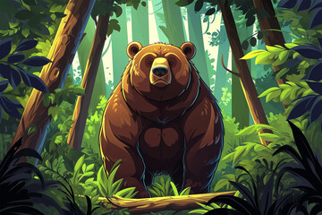 cartoon style of a bear in the forest