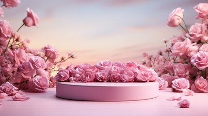 Fototapeta na wymiar Podium background flower rose product pink spring table beauty stand display nature white. Garden rose floral summer background podium cosmetic valentine easter field scene gift purple day romantic