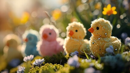 Yellow Easter chicks and spring flower in field
