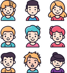 A collection of nine colorful cartoon avatars representing diverse people in a vector illustration.