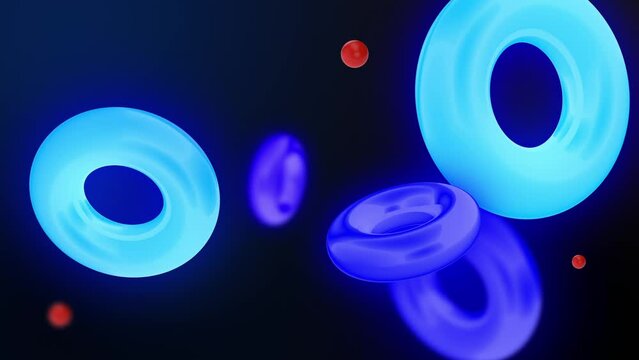 3D rotating glowing neon torus with pixel waves on surface on black background.
