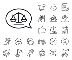 Judgement speech bubble sign. Salaryman, gender equality and alert bell outline icons. Justice scales line icon. Legal law symbol. Justice scales line sign. Spy or profile placeholder icon. Vector