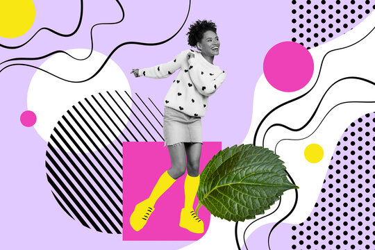 Collage image of carefree cheerful black white effect girl enjoy dancing big green leaf isolated on purple drawing background