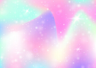 Hologram background with rainbow mesh. Girlish universe banner in princess colors. Fantasy gradient backdrop. Hologram magic background with fairy sparkles, stars and blurs.