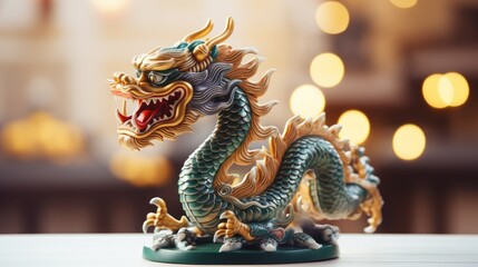 Fototapeta premium Traditional chinese dragon on festive golden bokeh background. Statuette of a green wooden dragon, 2024 New Year symbol. Chinese New Year, Christmas, winter holidays postcard. Green wooden dragon 2024