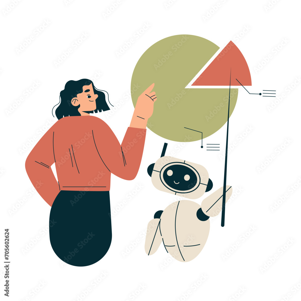 Poster artificial intelligence with woman character with chatbot analyze pie chart vector illustration