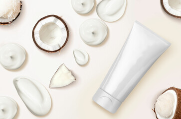Coconut cream and face wash smudge drop with tube. Cleansing facial scrub, wash, serum, shower gel or liquid soap drops.