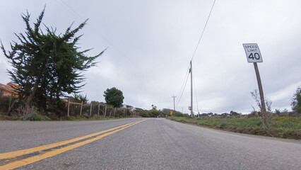 Navigating Morro Bay Streets on Cloudy Winter Day