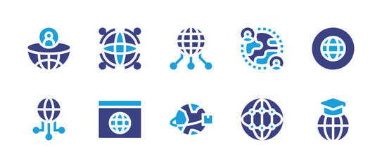 Global icon set. Duotone color. Vector illustration. Containing global, global server, internet, global delivery, global education, global network, global research, global communication.
