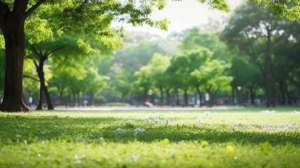Serene Green Park Landscape with Blurry Trees, Creating a Fresh and Peaceful Outdoor Atmosphere Ideal for Summer and Spring Scenes - obrazy, fototapety, plakaty