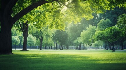 Fototapeta na wymiar Serene Green Park Landscape with Blurry Trees, Creating a Fresh and Peaceful Outdoor Atmosphere Ideal for Summer and Spring Scenes