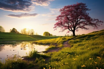 Fototapeta na wymiar Perfect spring scene and morning meadow near the river with alone tree on the shore.