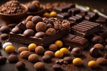 Close-up of various types of dark chocolate, cocoa powder, nuts and cookies on a brown background. Pastry chef, sweet food production concept.