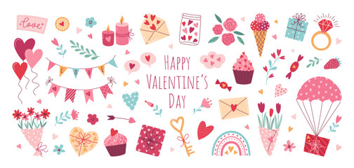 Valentine's day vector elements set. Gift, heart, balloon, envelope, dessert, floral bouquets, candy and others other traditional decorations. Cartoon style. Perfect for stickers and greeting cards.