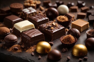 Close-up of various types of dark chocolate, cocoa powder, nuts and cookies on a brown background. Pastry chef, sweet food production concept.