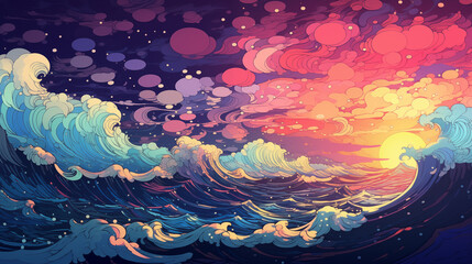 Hand drawn illustration of rough waves on the sea under the beautiful sky
