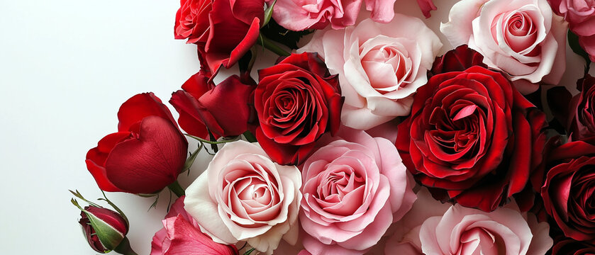 A bunch of pink and red roses on a white table. Wide scale image with copyspace.