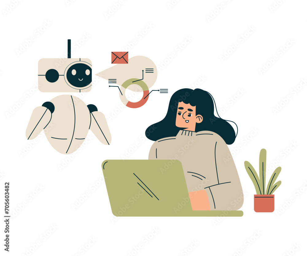 Poster artificial intelligence with woman character engaged in business process with bot vector illustratio