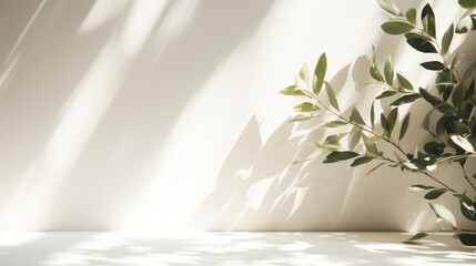 Blurred shadow from leaves plants on the white wall. Minimal abstract background for product presentation. Spring and summer.