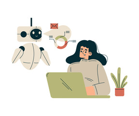 Artificial Intelligence with Woman Character Engaged in Business Process with Bot Vector Illustration