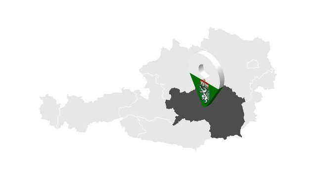 Location Styria on map Austria. 3d federal State of Styria flag map marker location pin. Map of  Austria showing different parts. Animated map States of Austria. 4K.  Video