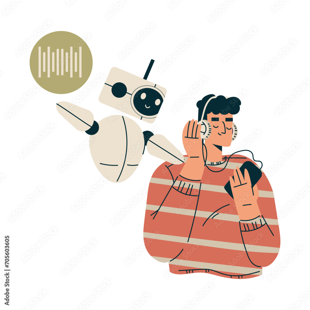 Poster artificial intelligence with man character listen to music in headphones with bot vector illustratio