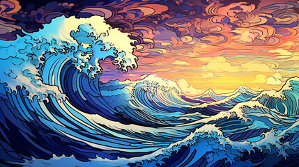 Hand drawn illustration of rough waves on the sea under the beautiful sky
