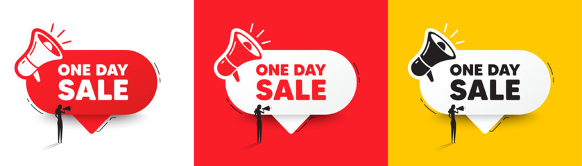 One day sale tag. Speech bubble with megaphone and woman silhouette. Special offer price sign. Advertising Discounts symbol. One day chat speech message. Woman with megaphone. Vector - obrazy, fototapety, plakaty