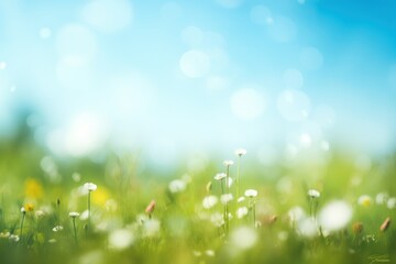 Sunny spring meadow blur background, blue sky to green grass gradient